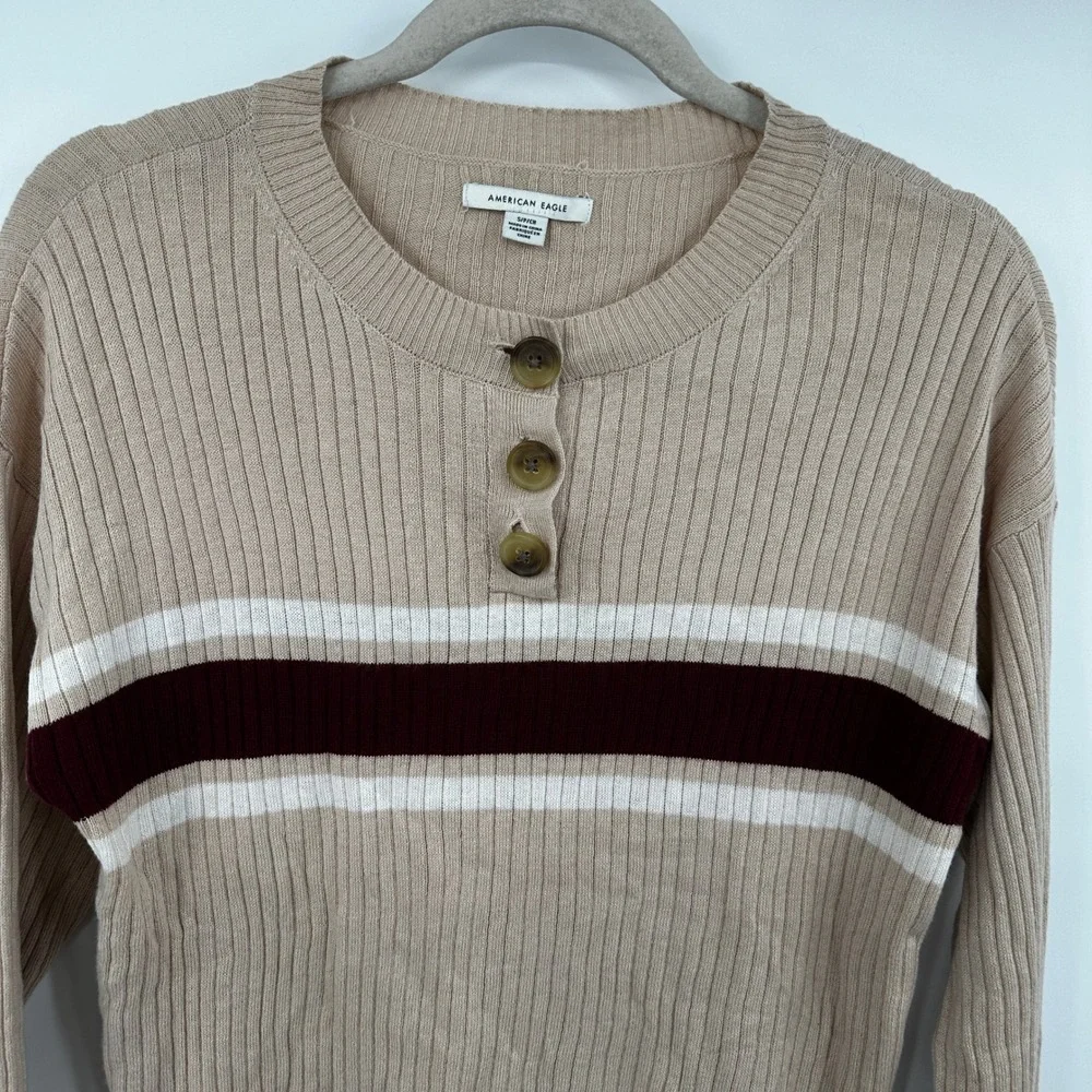 American Eagle Outfitters Ribbed Henley Crop Sweater‎ Beige Burgundy Stripes S